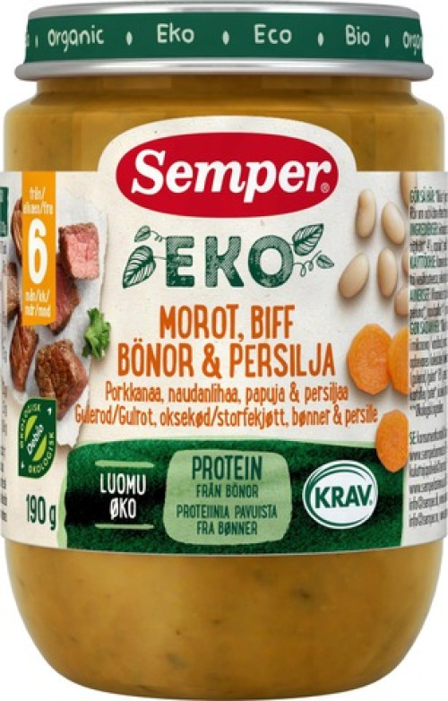 Овощное пюре с мясом (морковь, говядина, фасоль и петрушка) Semper EKO с 6 месяцев, 190гр. 