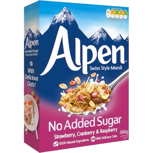 Alpen мюсли без добавления сахара - клубника, клюква, малина 560гр.