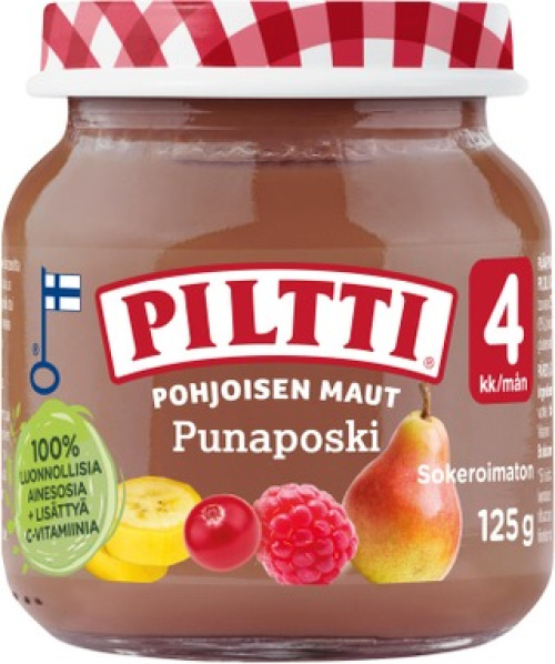 Piltti - Фруктово ягодное пюре (груша, банан, малина) с 4-х месяцев, 125гр.   